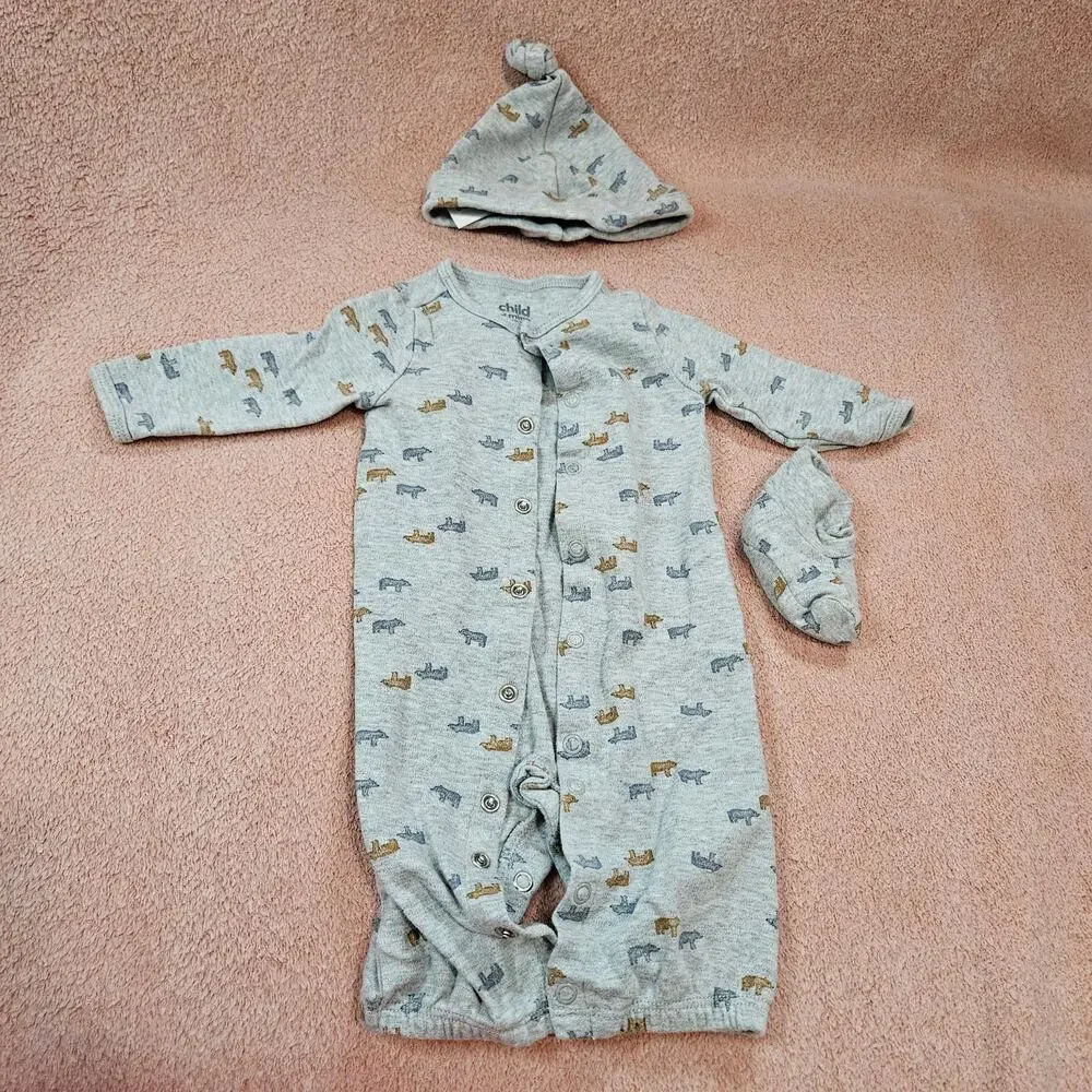 Child of Mine by Carter's Sleep N Play outfit w/Hat & Booties Bear Print Grey